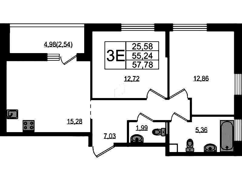 2-комнатная квартира 57.78 м², 15/15 эт., ЖК «Южная Нева»